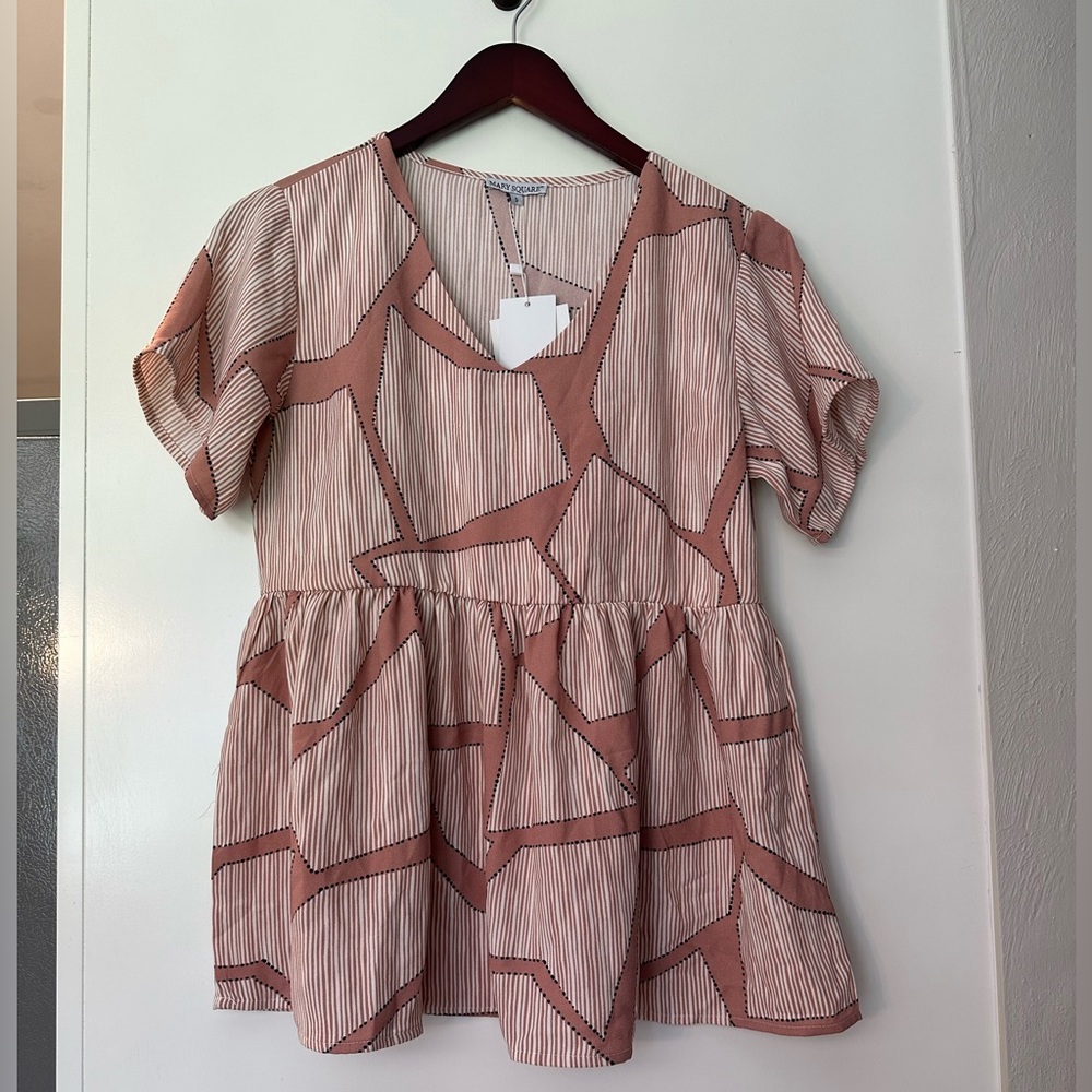 Mary Square Peplum Blouse Small Pink Geometric Stripe Flutter Sleeve Top NWT